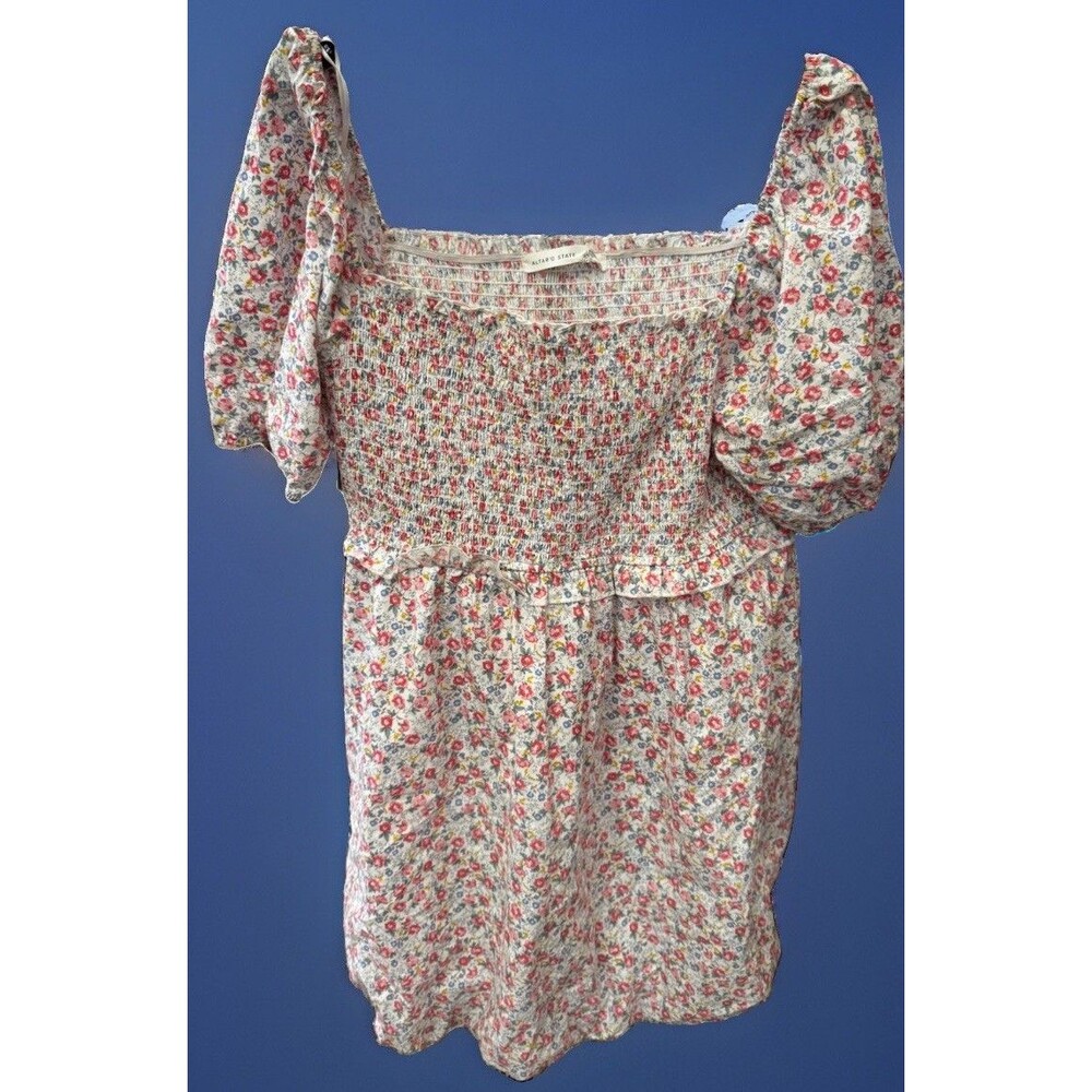 Altar'd State White Floral Smocked Mini Dress with Puff Sleeves XXL